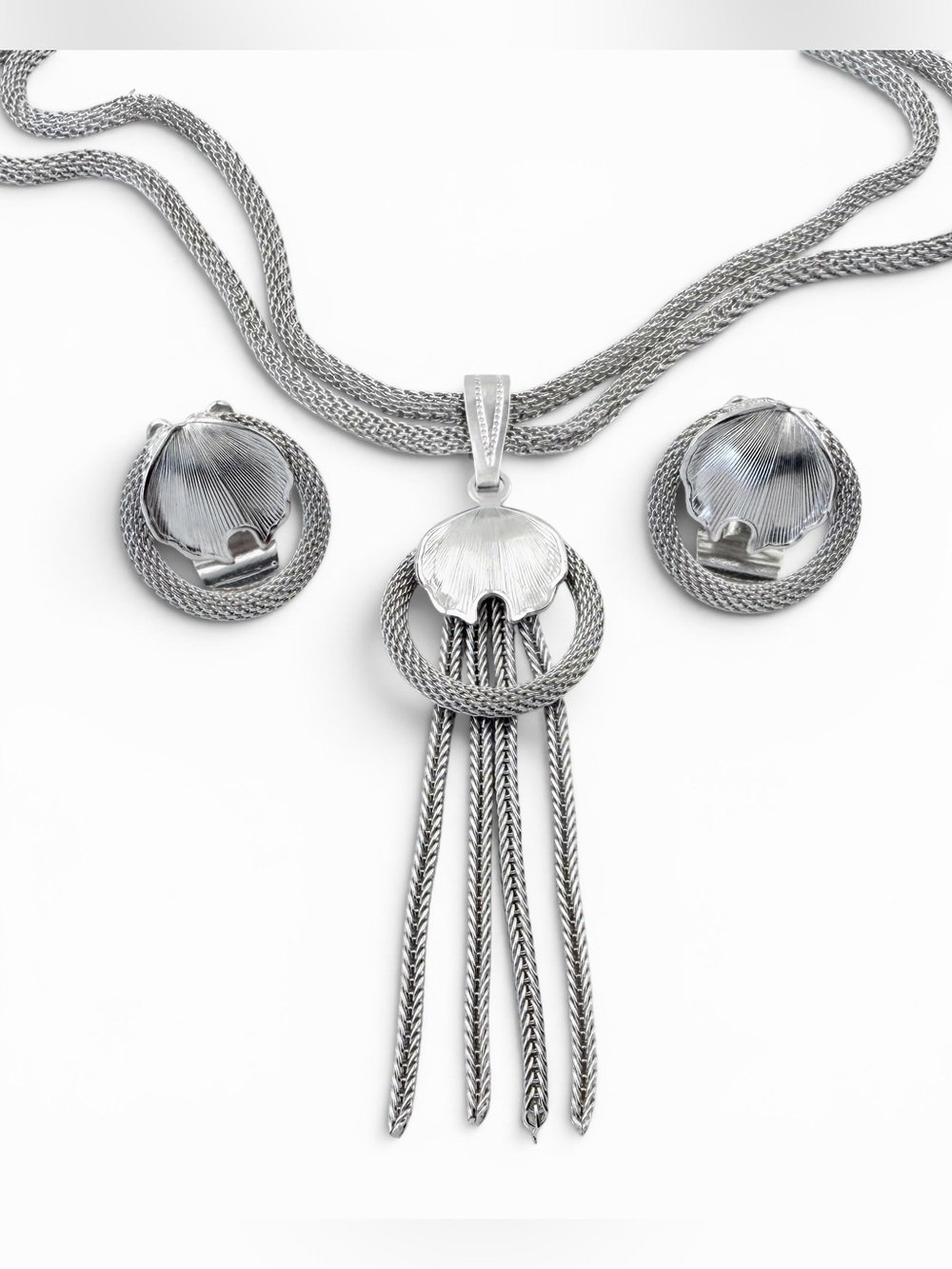 Vintage Continental Silver-tone Mesh Jewelry Set Necklace Earring Lot.